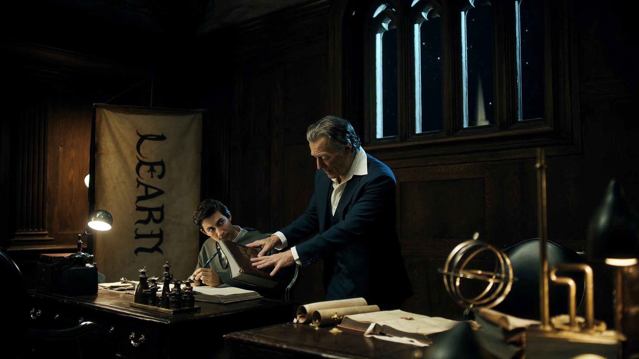 Operator and a young apprentice in maester's robes at a Citadel desk, mid-lesson by lamplight. Heraldic banner reads LEARN.