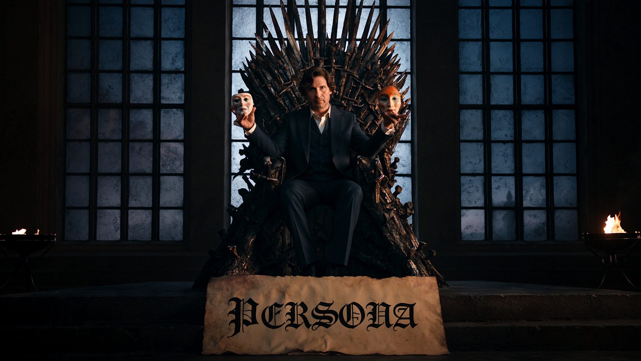 Operator seated on the Iron Throne, examining two persona masks at arms length. Heraldic banner reads PERSONA.