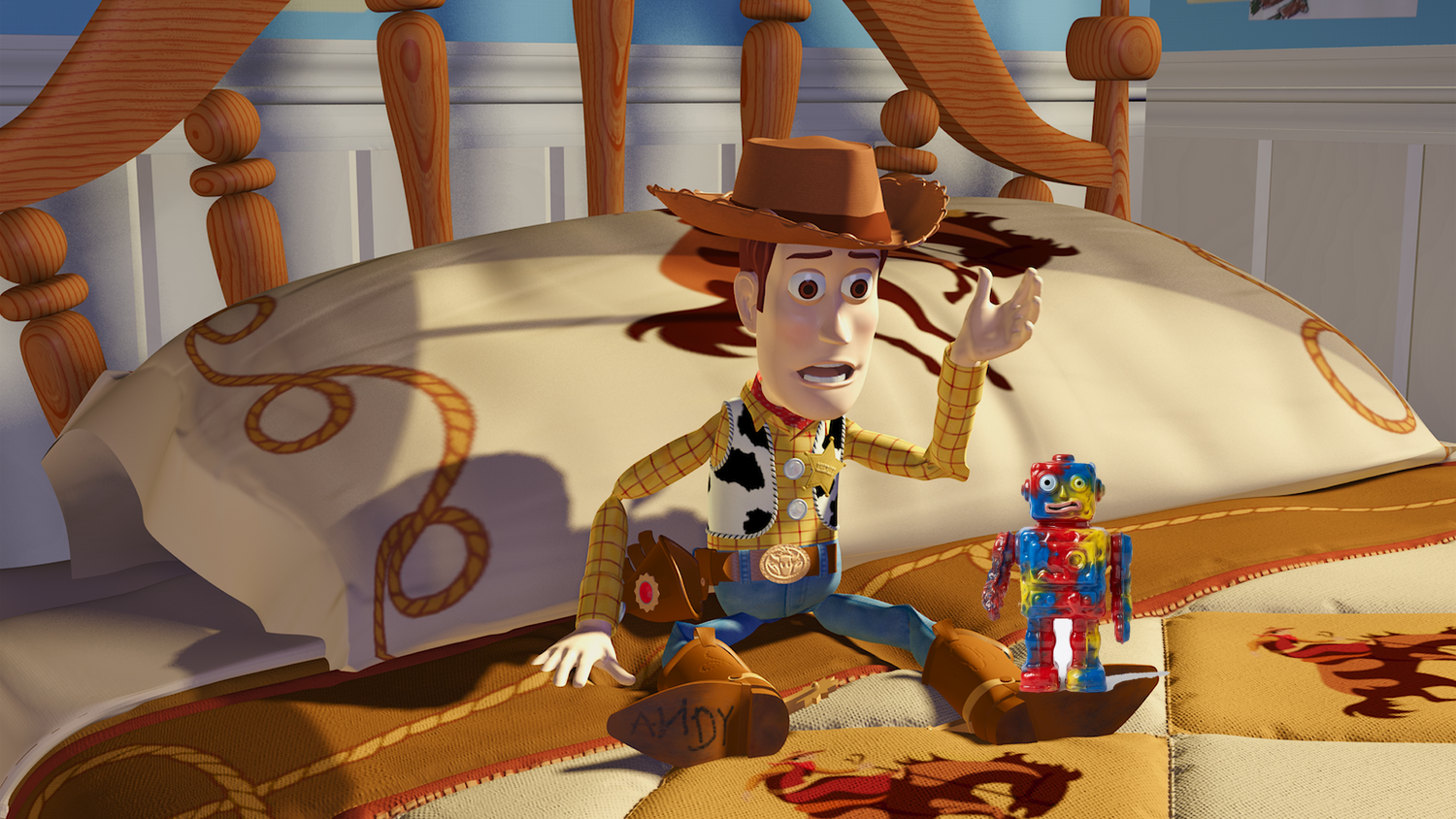 A still from Toy Story (Pixar, 1995) with an AI-generated crude plastic robot toy added beside Woody on Andy&rsquo;s bed. The Pixar render: hundreds of artists, four years. The AI toy: five minutes.