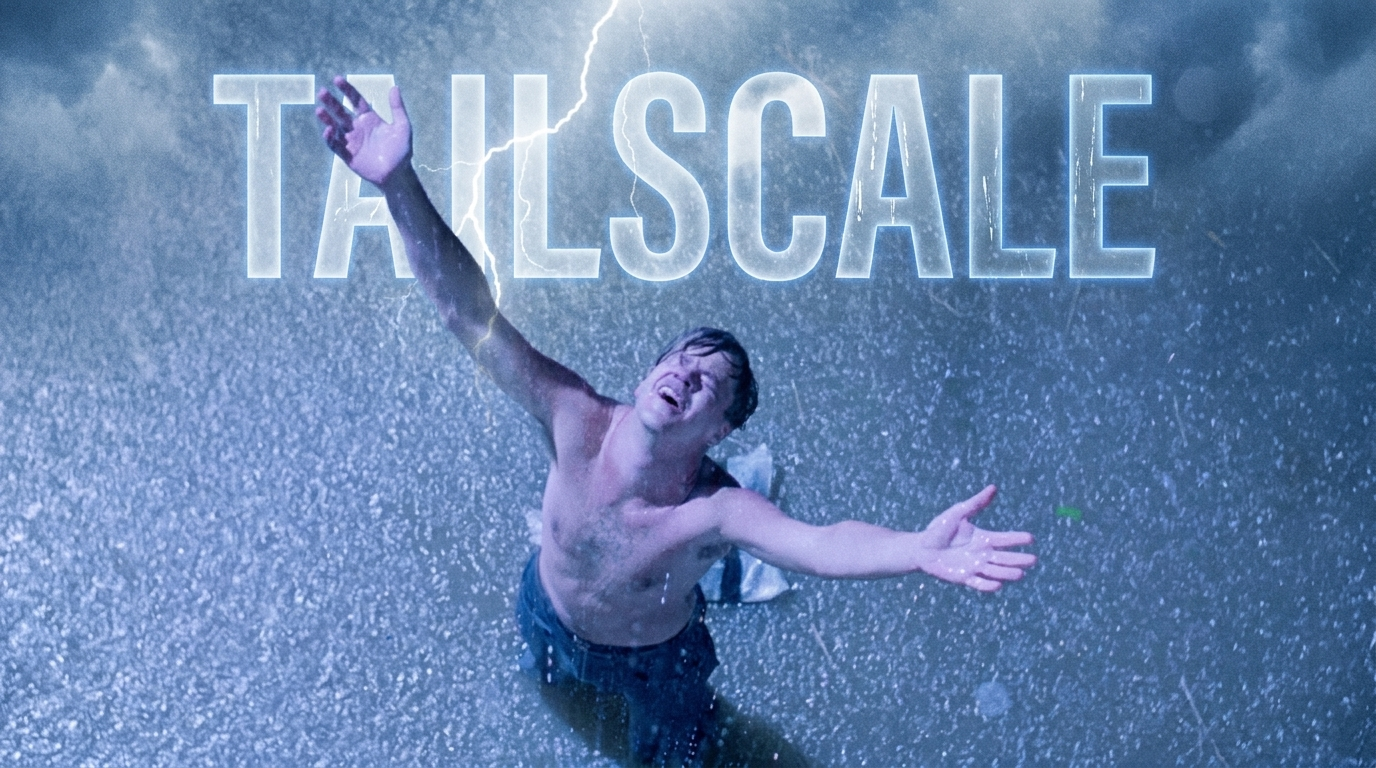 Andy Dufresne stands in a thunderstorm with his arms raised, freed from prison. The Tailscale wordmark glows in the rain above his head.