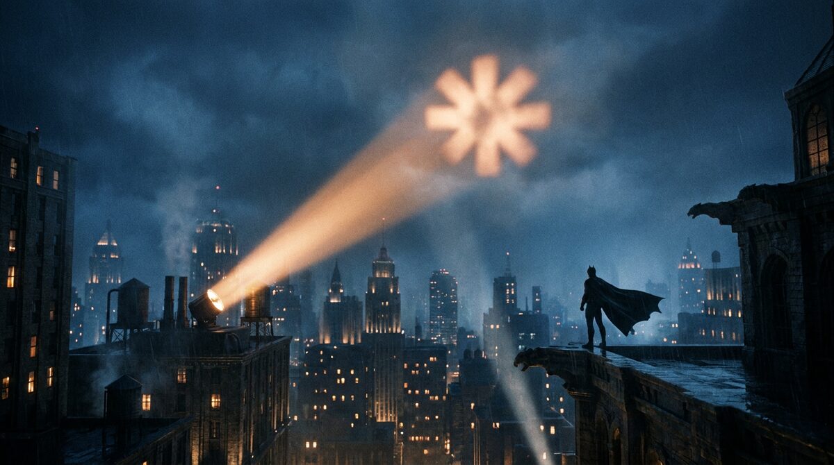 A searchlight projects an AI spark-mark into the night sky over a Gotham-style skyline while a lone caped figure watches from a rooftop.