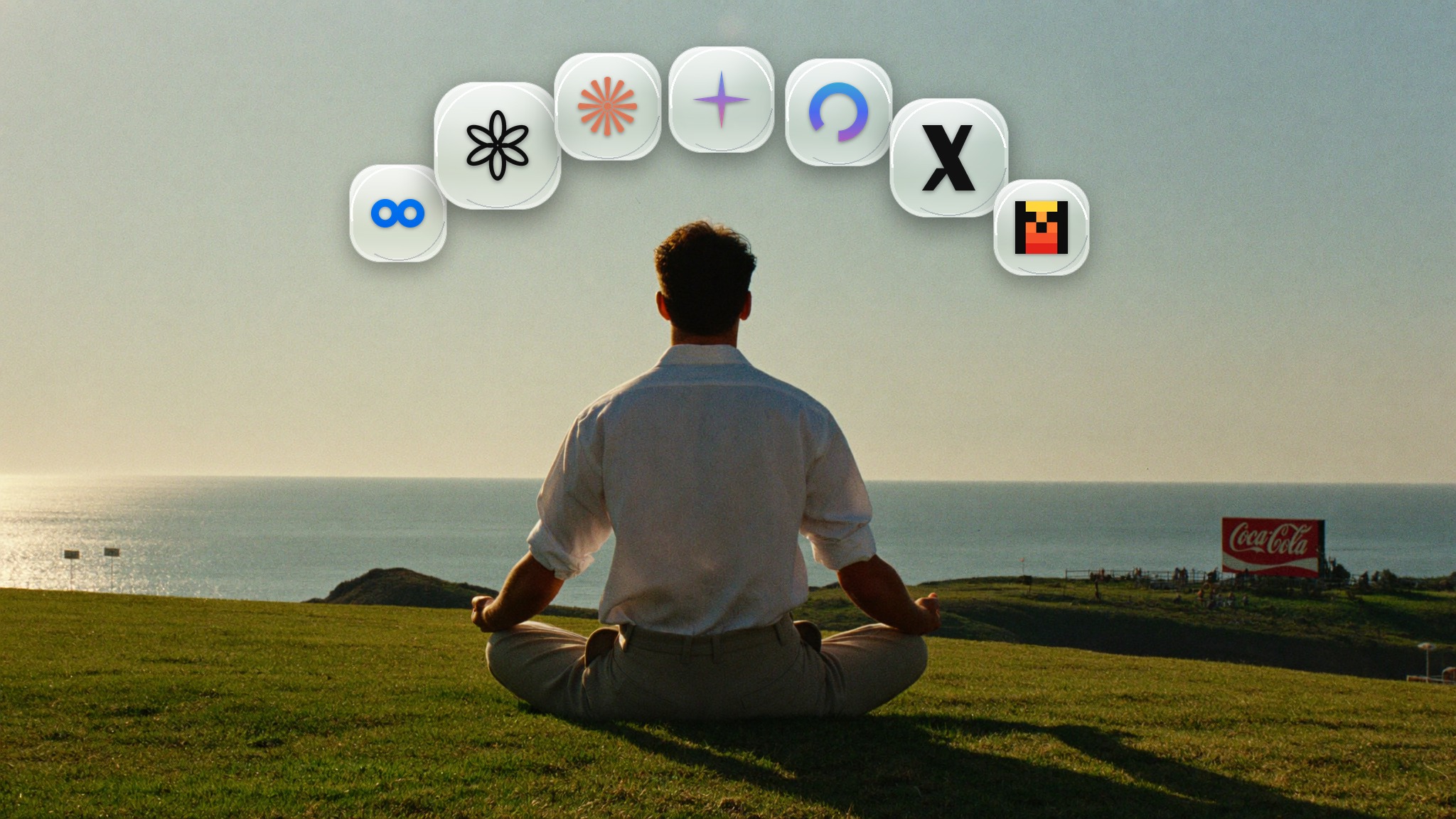 A man in a white shirt, seen from behind, sits cross-legged in meditation on a clifftop above the Pacific at golden hour. A Coca-Cola billboard stands on the horizon. Above his head float glass tiles bearing the marks of the AI model ecosystems &mdash; OpenAI, Claude, Gemini, Copilot, Llama, Mistral, Grok.