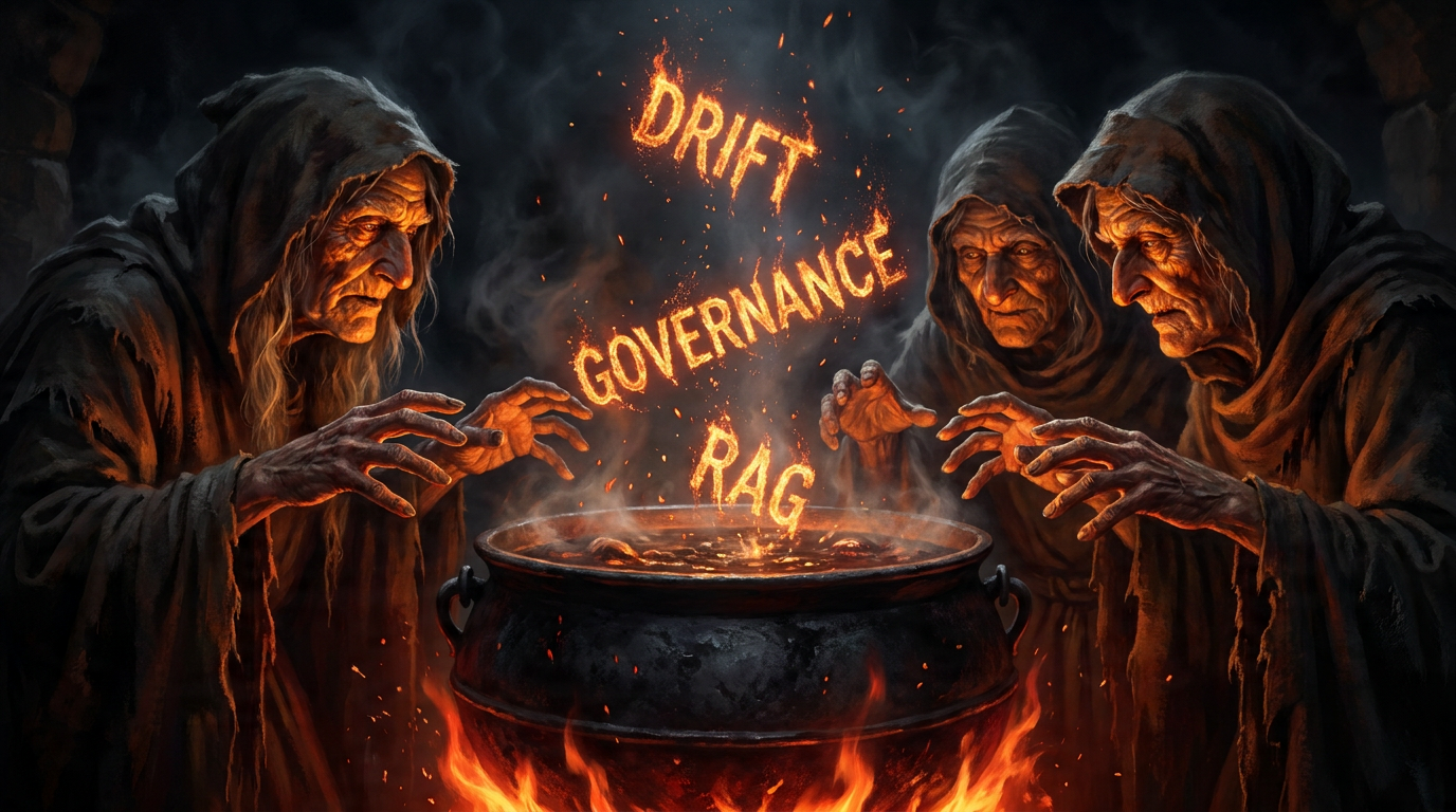 Three witches huddled over a cauldron lit by demonic fire, with the words DRIFT, GOVERNANCE and RAG falling into the pot as glowing embers.