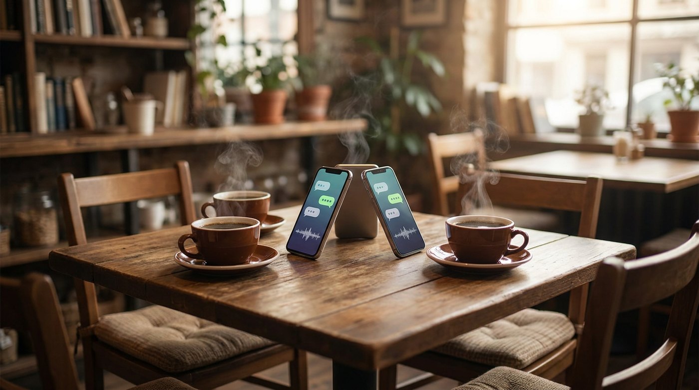Three coffees steaming and three phones propped facing each other on a cafe table, mid-conversation, nobody seated.