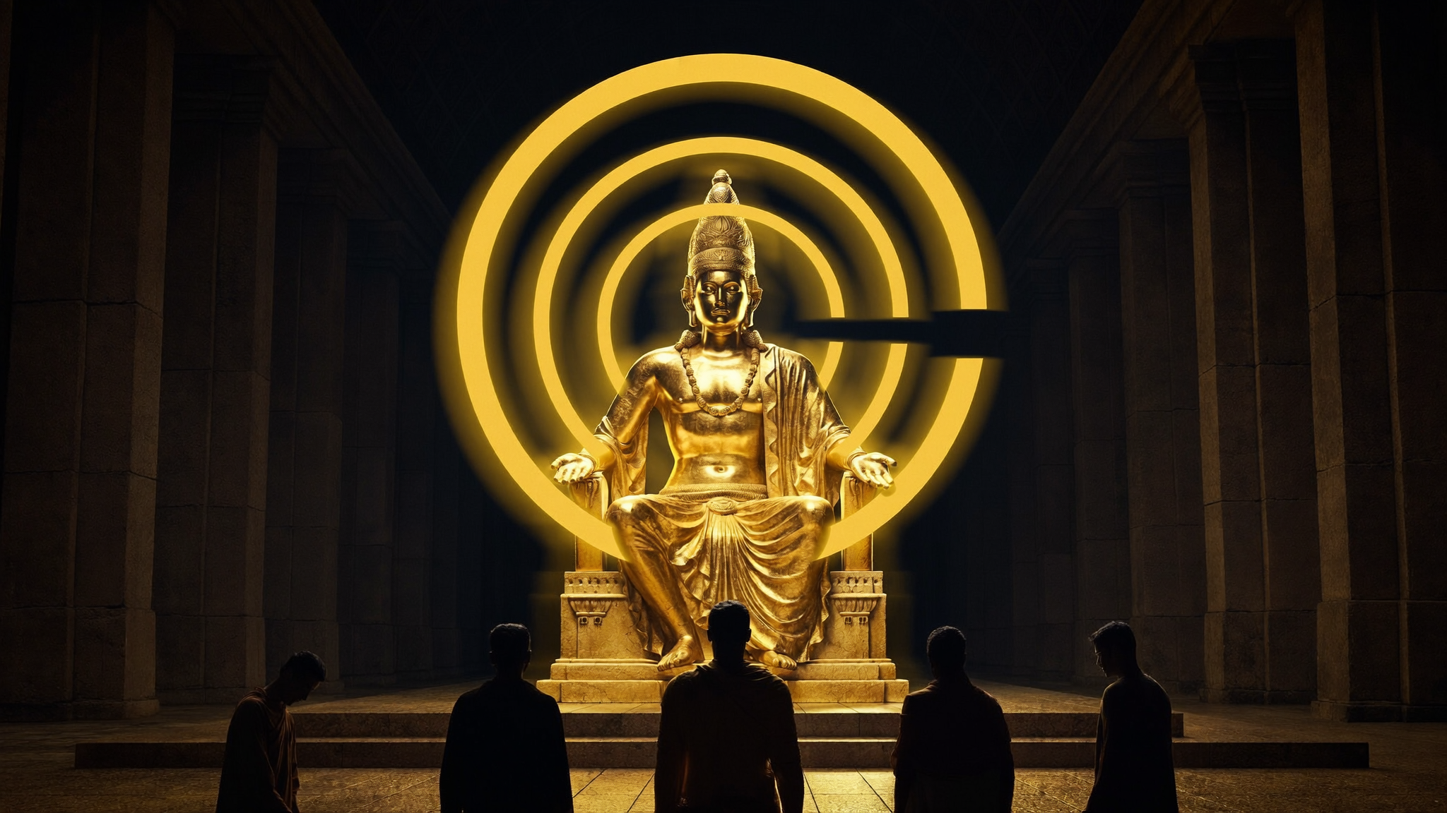 A monumental gold deity enthroned in a vast temple interior, worshippers below in silhouette. Cinematic. The Claude logo echoed in concentric arcs.