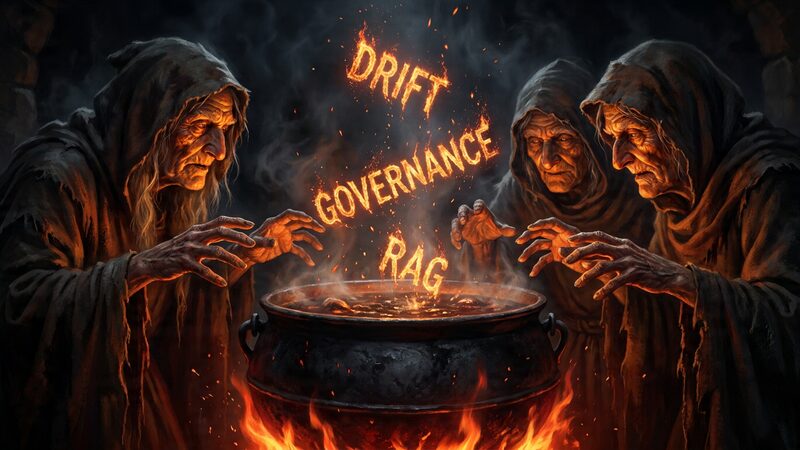 Three witches over a cauldron lit by demonic fire, the words Drift, Governance and RAG falling into the pot.