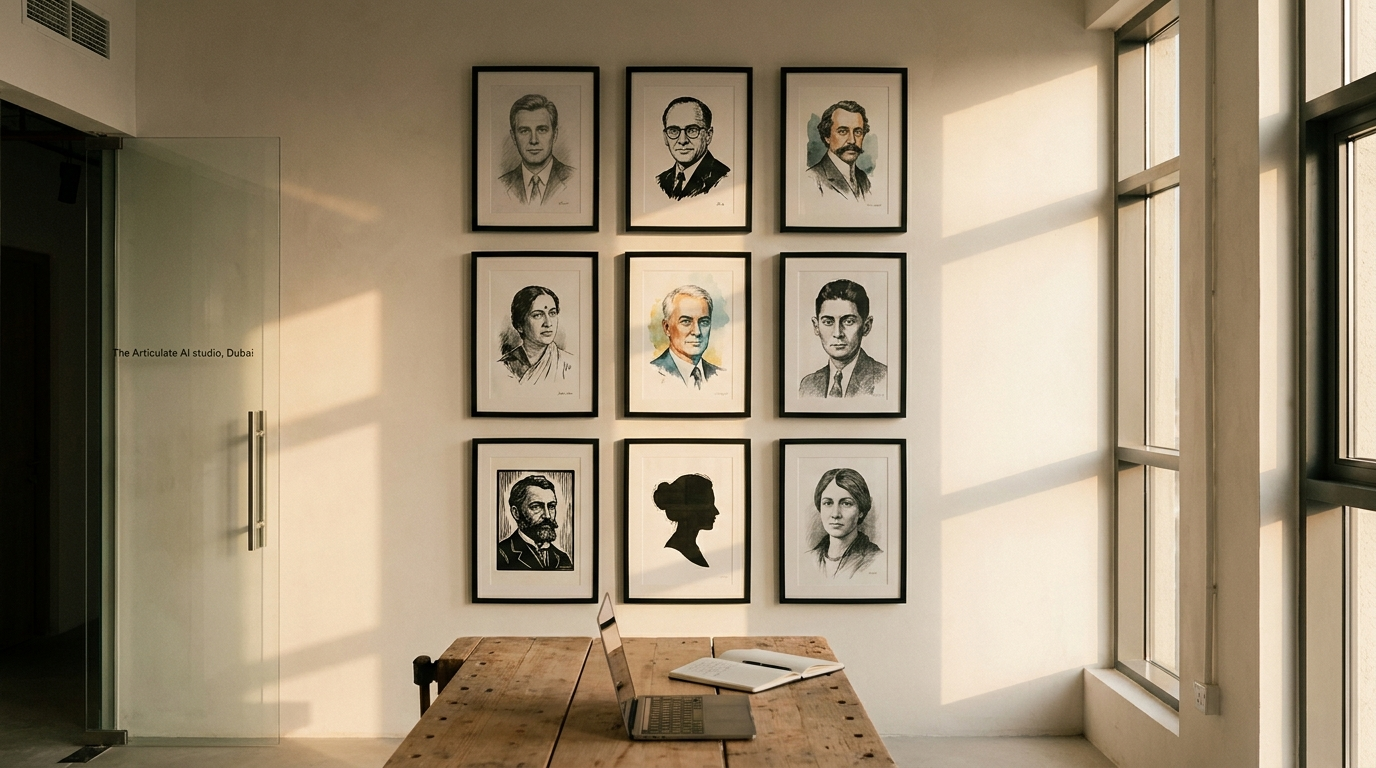 The Articulate office wall, Dubai — nine framed illustrated portraits hung 3 by 3, warm afternoon light, wooden workbench in the foreground